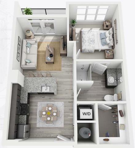 Floor plan for 1 bed, 1 bath, 605 sqft