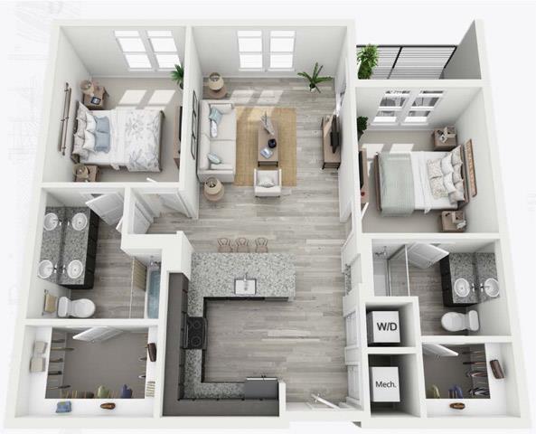 Floor plan for 2 beds, 2 baths, 1000 sqft