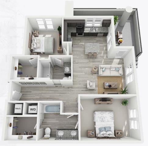 Floor plan for 2 beds, 2 baths, 1020 sqft