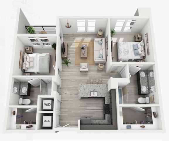 Floor plan for 2 beds, 2 baths, 905 sqft