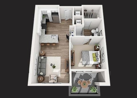 Floor plan for 1 bed, 1 bath, 726 sqft