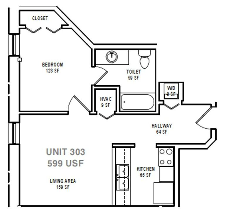 Floor plan for 1 bed, 1 bath, 599 sqft