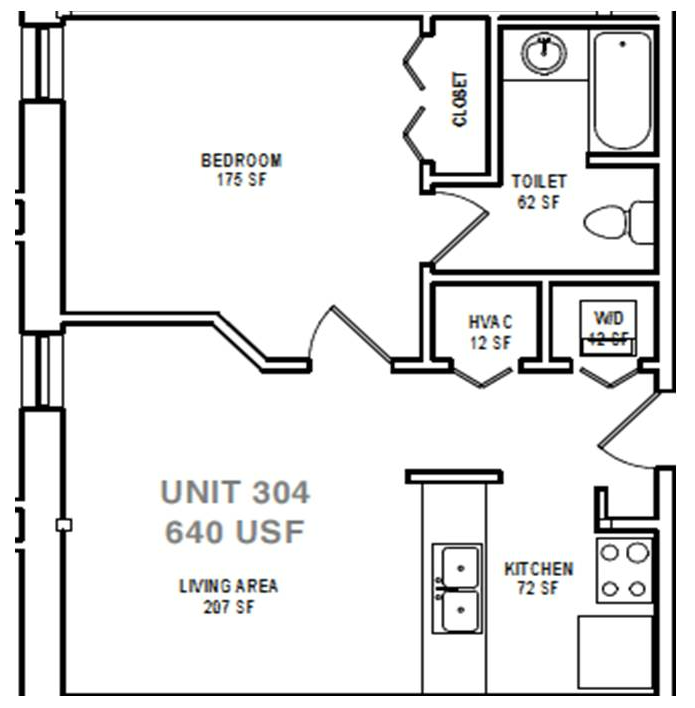 Floor plan for 1 bed, 1 bath, 640 sqft