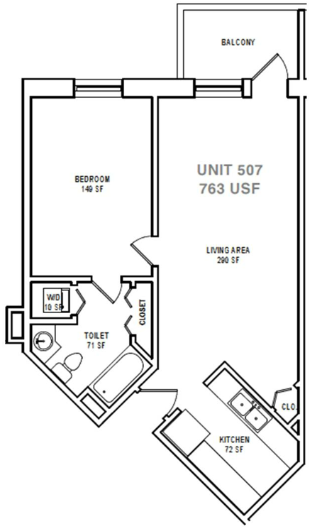 Floor plan for 1 bed, 1 bath, 763 sqft