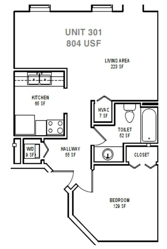 Floor plan for 1 bed, 1 bath, 804 sqft