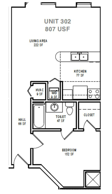 Floor plan for 1 bed, 1 bath, 807 sqft