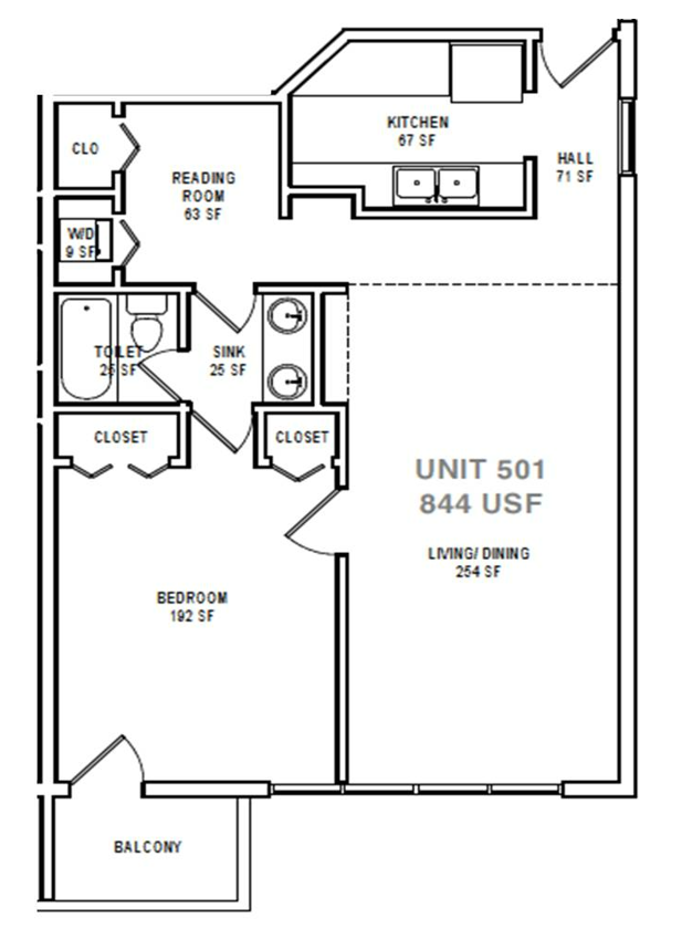 Floor plan for 1 bed, 1 bath, 844 sqft
