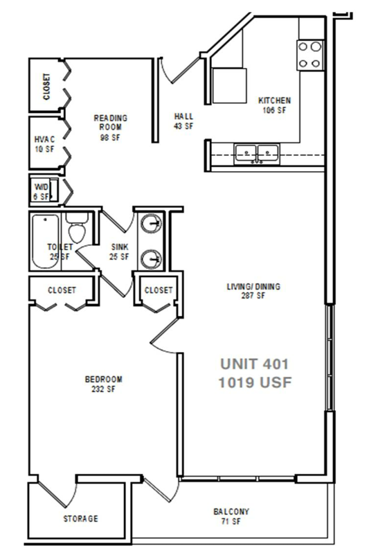 Floor plan for 1 bed, 1 bath, 1019 sqft