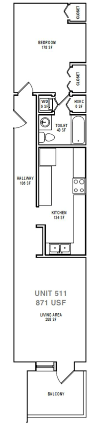 Floor plan for 1 bed, 1 bath, 871 sqft