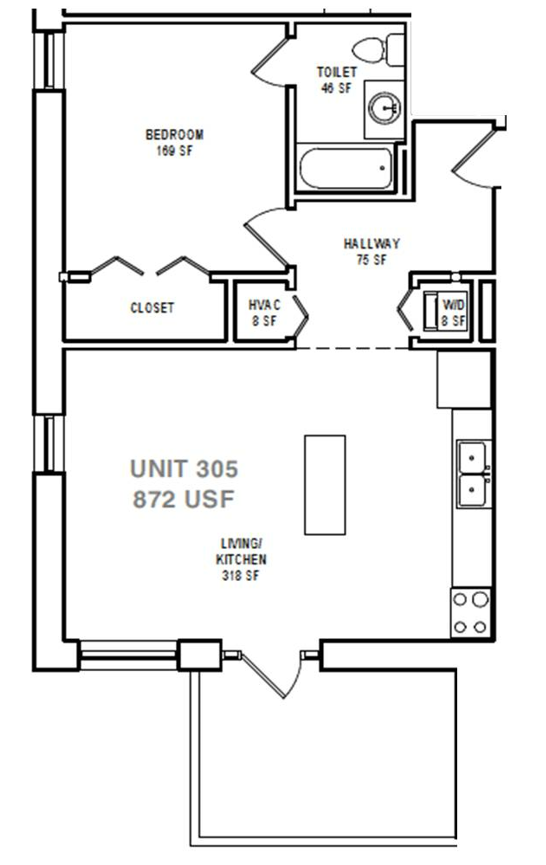 Floor plan for 1 bed, 1 bath, 872 sqft