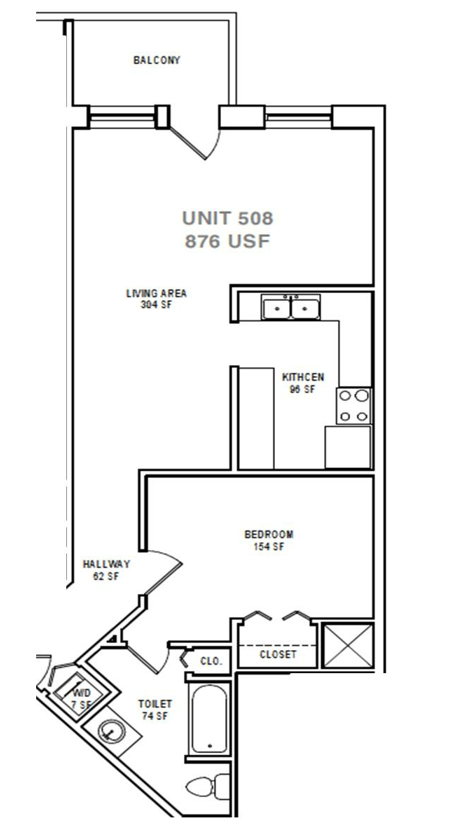 Floor plan for 1 bed, 1 bath, 876 sqft