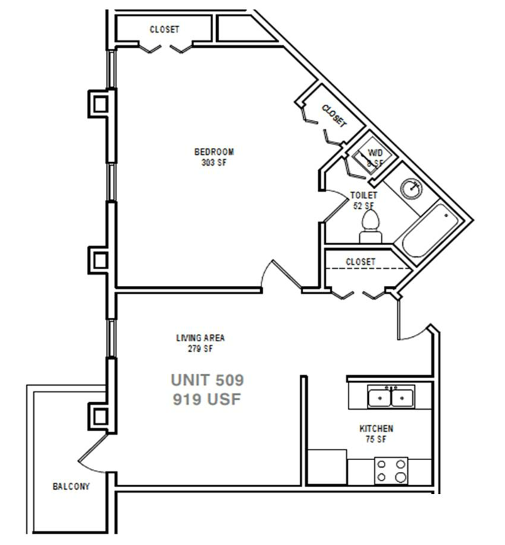 Floor plan for 1 bed, 1 bath, 919 sqft