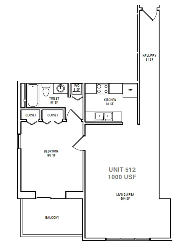 Floor plan for 1 bed, 1 bath, 1000 sqft