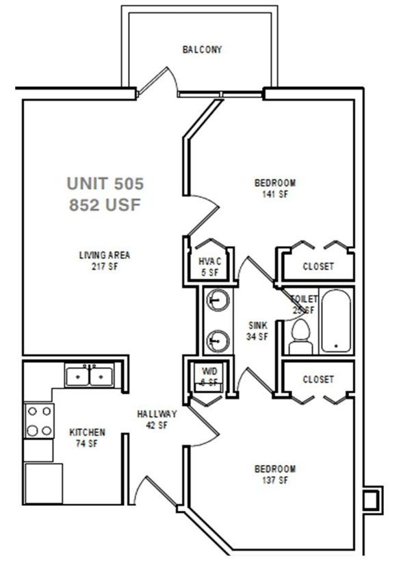Floor plan for 2 beds, 1 bath, 852 sqft