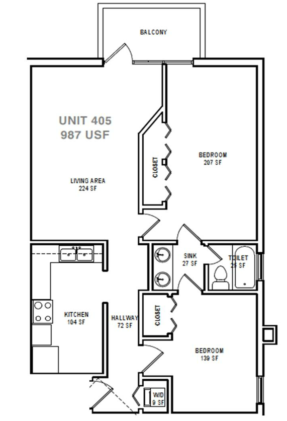 Floor plan for 2 beds, 1 bath, 987 sqft