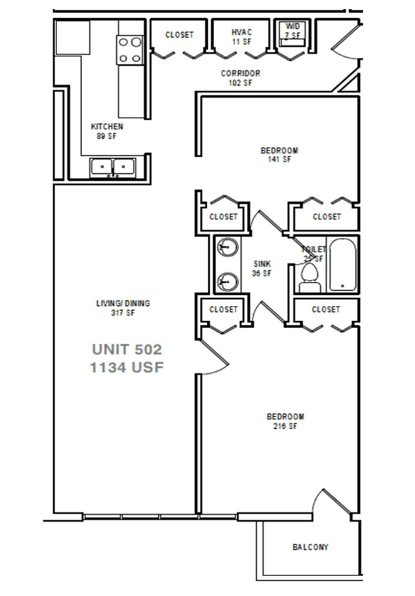 Floor plan for 2 beds, 1 bath, 1134 sqft