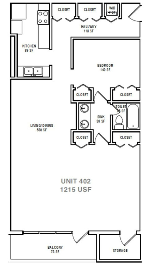 Floor plan for 2 beds, 1 bath, 1215 sqft