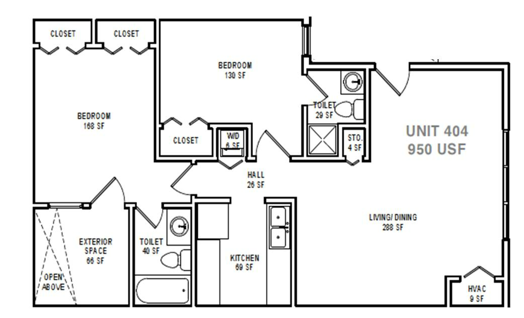 Floor plan for 2 beds, 2 baths, 950 sqft