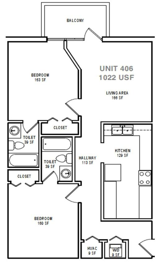 Floor plan for 2 beds, 2 baths, 1022 sqft