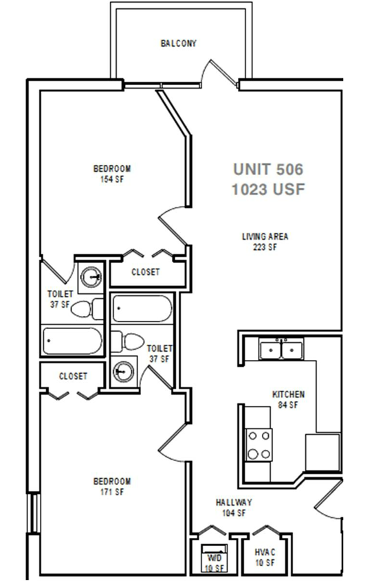 Floor plan for 2 beds, 2 baths, 1023 sqft