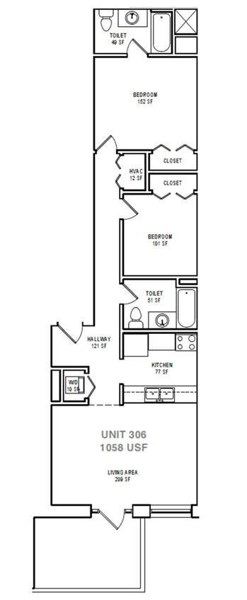 Floor plan for 2 beds, 2 baths, 1058 sqft