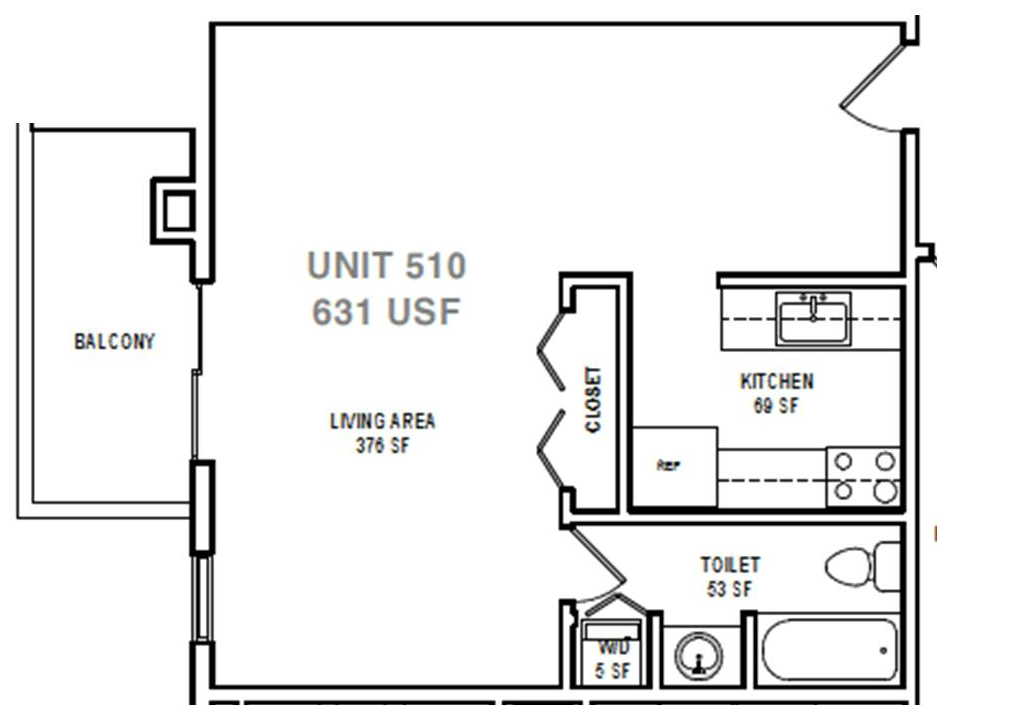 Floor plan for studio, 1 bath, 631 sqft