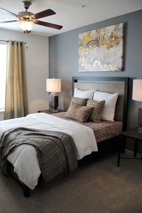 Rock Hill apartment for rent - a bedroom with a bed and a ceiling fan