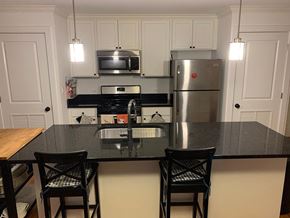 Chicago apartment for rent - a kitchen with a counter top and a refrigerator