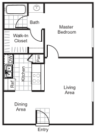 Floor plan for 1 bed, 1 bath, 527 sqft