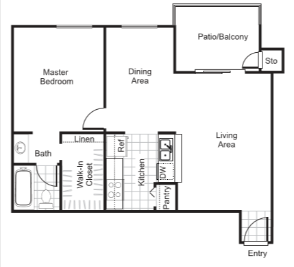Floor plan for 1 bed, 1 bath, 652 sqft