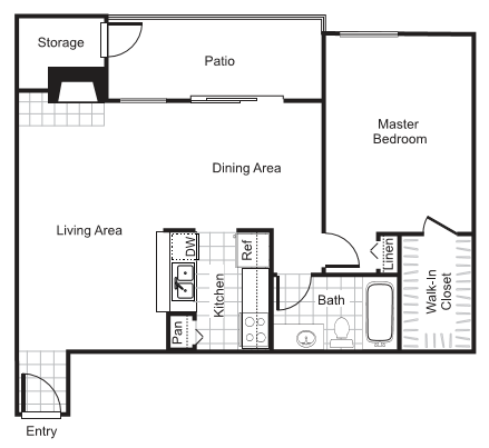 Floor plan for 1 bed, 1 bath, 839 sqft