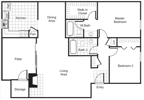 Floor plan for 2 beds, 2 baths, 1029 sqft