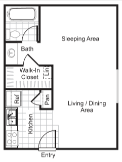 Floor plan for studio, 1 bath, 402 sqft