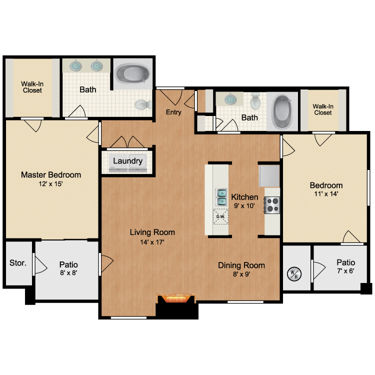Floor plan for 2 beds, 2 baths, 1281 sqft