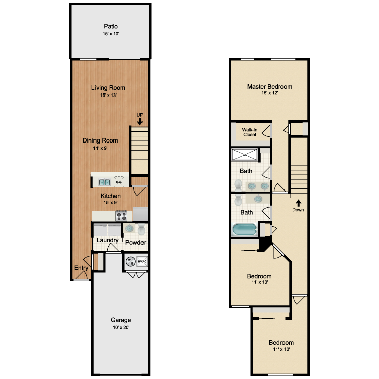 Floor plan for 3 beds, 2.5 baths, 1405 sqft