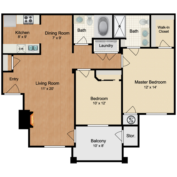 Floor plan for 2 beds, 2 baths, 981 sqft