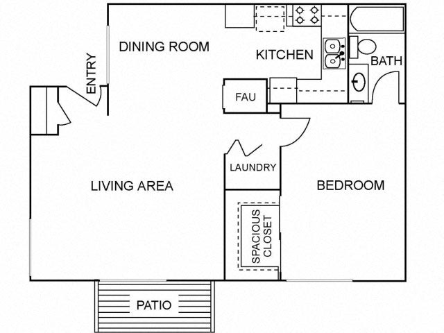 Floor plan for 1 bed, 1 bath, 799 sqft