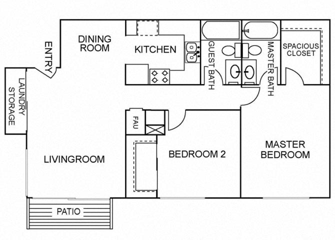 Floor plan for 2 beds, 2 baths, 983 sqft