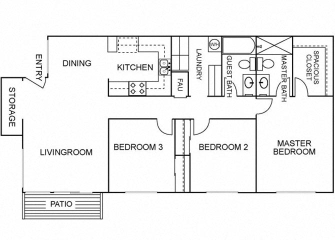 Floor plan for 3 beds, 3 baths, 1198 sqft