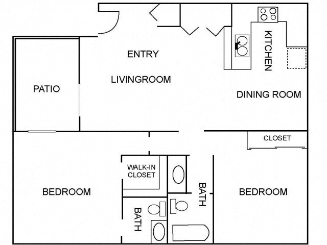 Floor plan for 2 beds, 1.5 baths, 890 sqft
