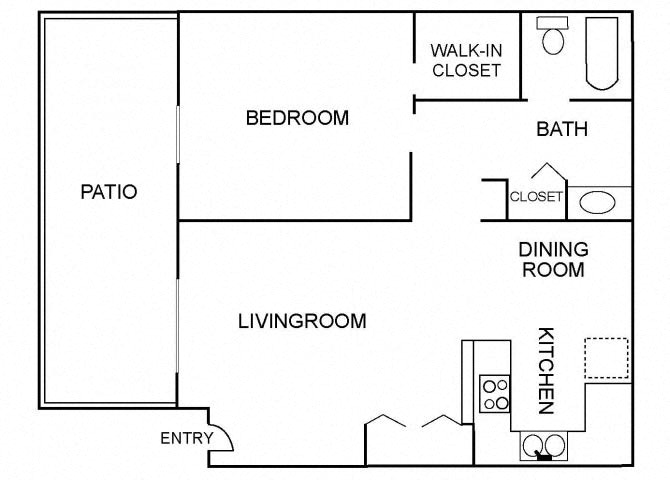 Floor plan for 1 bed, 1 bath, 740 sqft