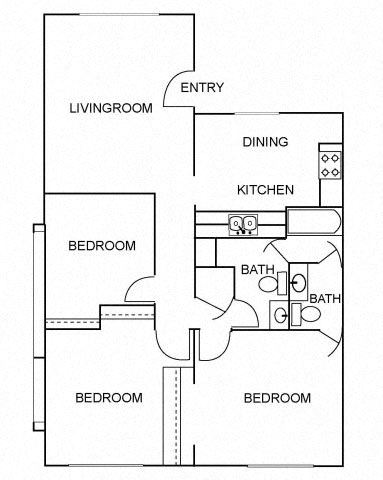Floor plan for 3 beds, 1.5 baths, 979 sqft