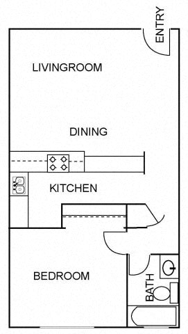 Floor plan for 1 bed, 1 bath, 595 sqft
