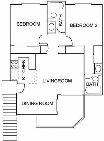 Floor plan for 2 beds, 2 baths, 897 sqft