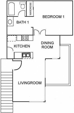Floor plan for 1 bed, 1 bath, 630 sqft