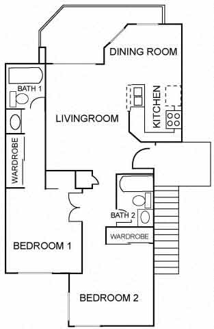 Floor plan for 2 beds, 2 baths, 894 sqft