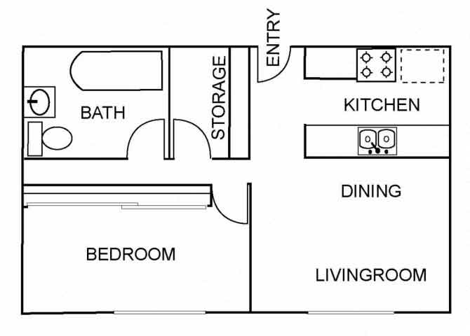 Floor plan for 1 bed, 1 bath, 644 sqft
