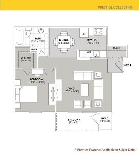 Floor plan for 1 bed, 1 bath, 740 sqft
