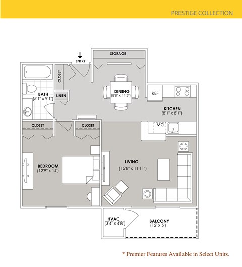 Floor plan for 1 bed, 1 bath, 757 sqft