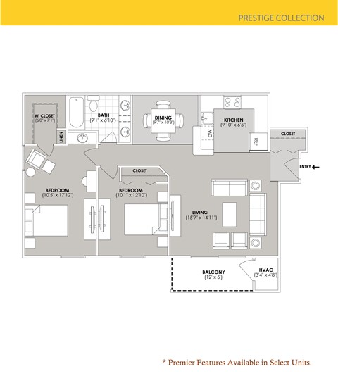 Floor plan for 2 beds, 1 bath, 977 sqft
